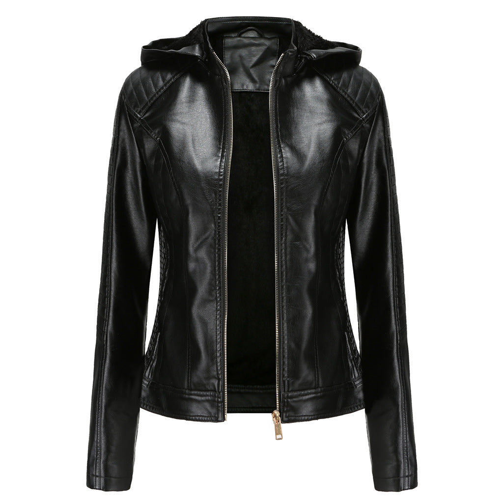 Woman wearing Hooded Long Sleeve Zip-Up Casual Jacket in a casual outdoor setting