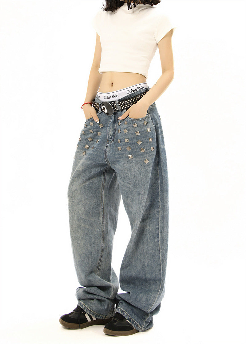 Edgy Square Stud Denim Pants | Tajstylo