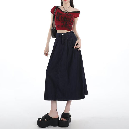 Navy Blue Denim Pencil Skirt | Tajstylo