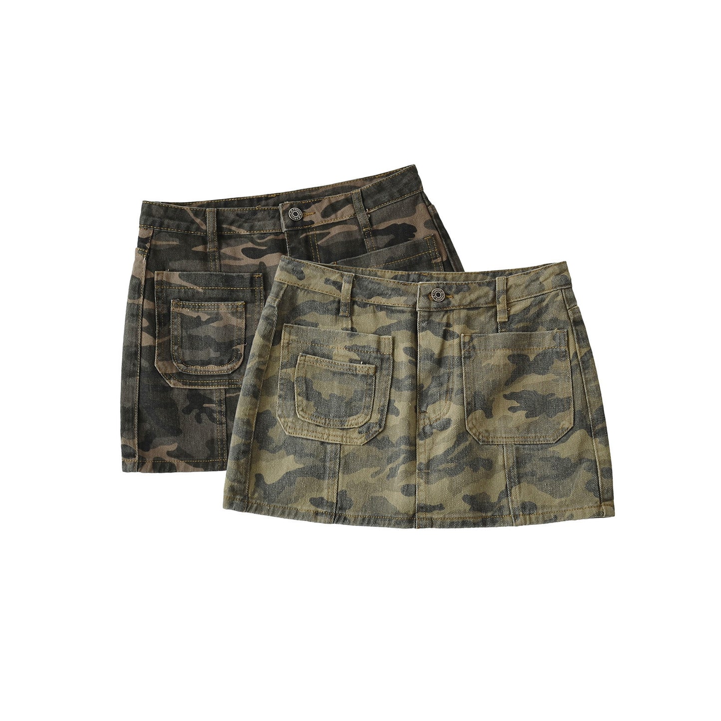 Woman wearing Camouflage Denim Skirt Shorts for Women in a casual outdoor setting