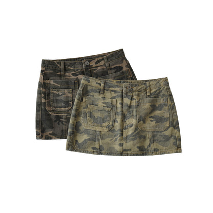 Woman wearing Camouflage Denim Skirt Shorts for Women in a casual outdoor setting