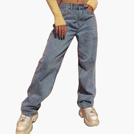 Woman wearing wide leg jeans in a casual outdoor setting
