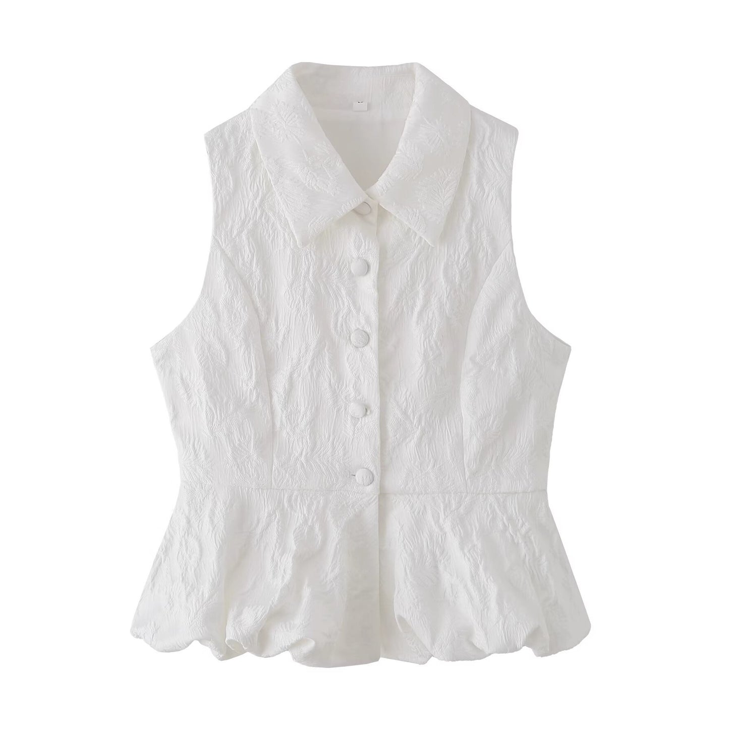 Woman wearing Jacquard Polyester Sleeveless V Neck Top in a sunny outdoor setting