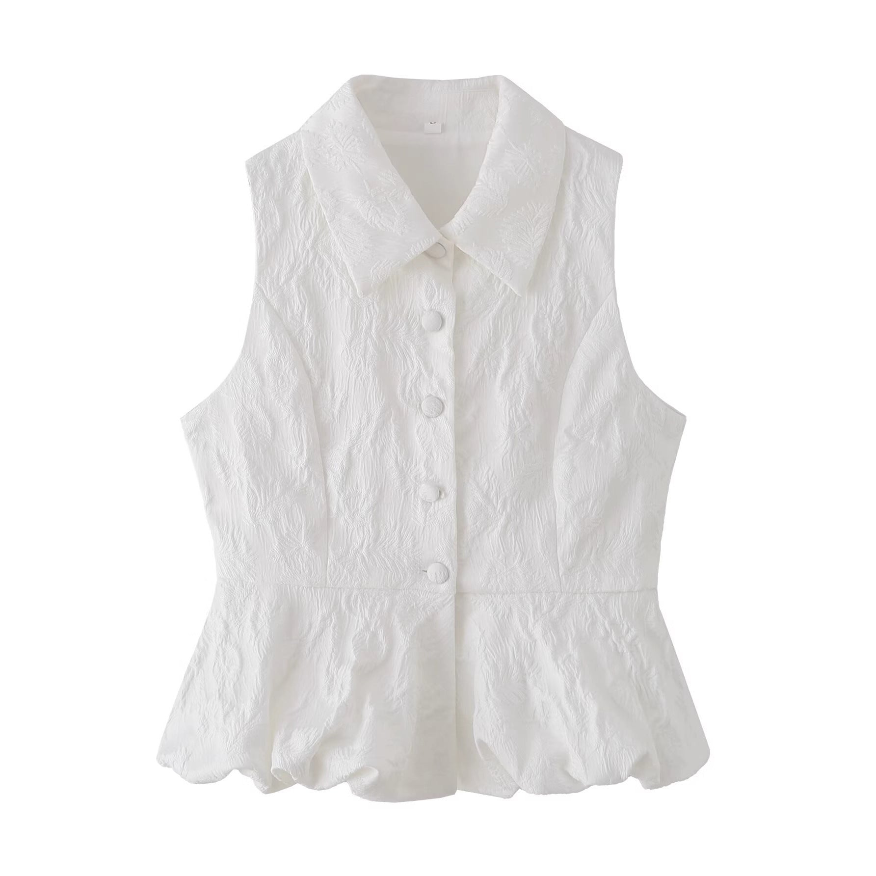 Woman wearing Jacquard Polyester Sleeveless V Neck Top in a sunny outdoor setting