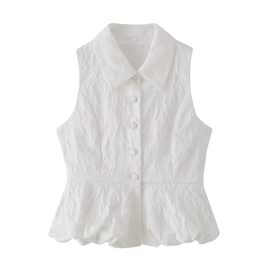 Woman wearing Jacquard Polyester Sleeveless V Neck Top in a sunny outdoor setting