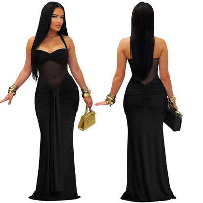 Sheer Mesh Halter Tie-Back Bodycon Dress | Tajstylo