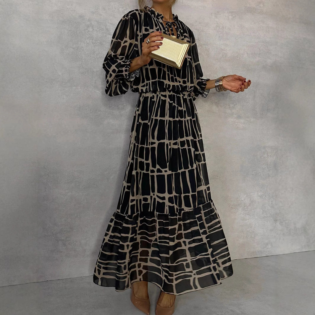 Woman wearing Women's Striped Flared Maxi Dress in an autumn setting