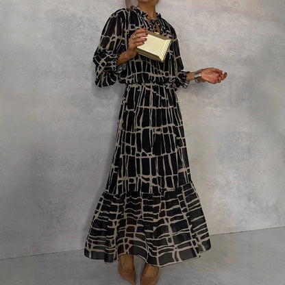 Woman wearing Women's Striped Flared Maxi Dress in an autumn setting