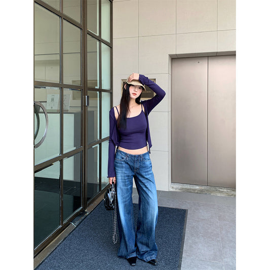 Woman wearing Loose Fit Straight Leg Denim Jeans in a casual outdoor setting