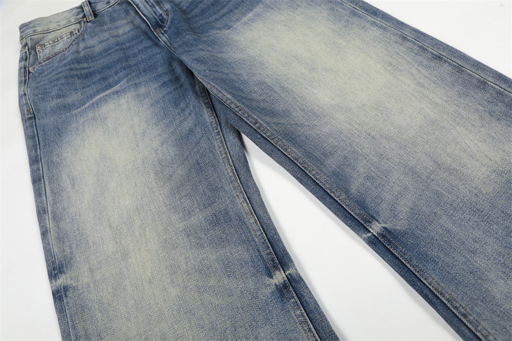 Washed Blue Denim Straight Leg Pants | Tajstylo