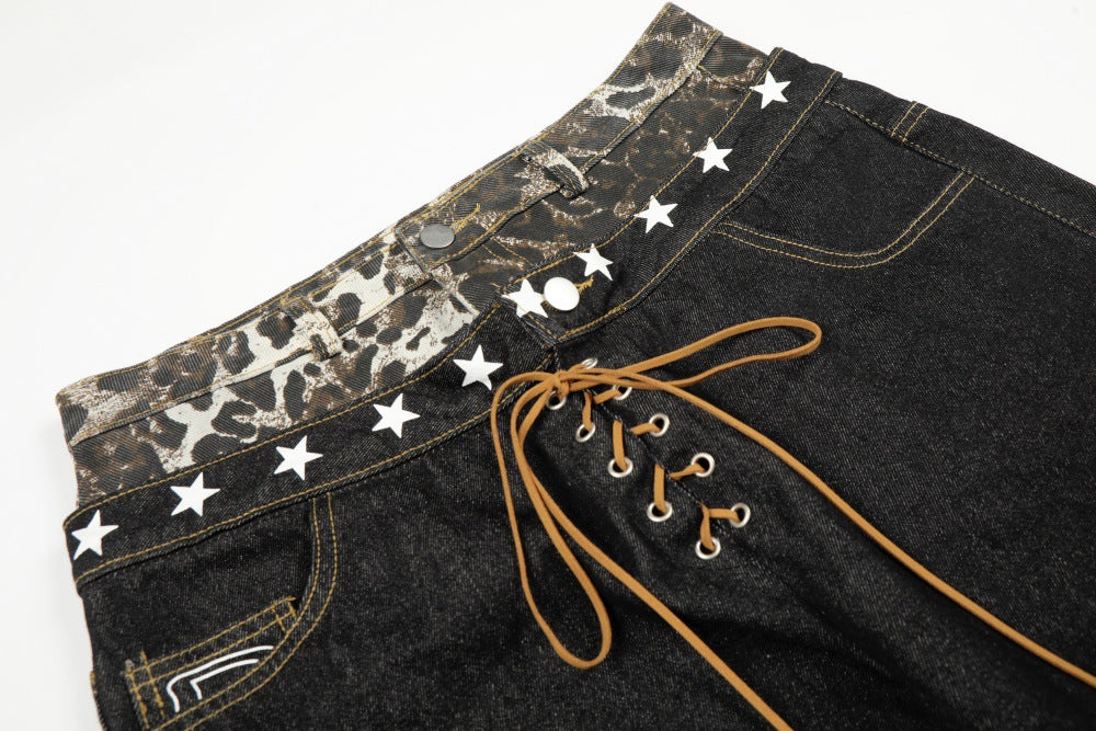 Leopard Print Spliced Denim Pants | Tajstylo