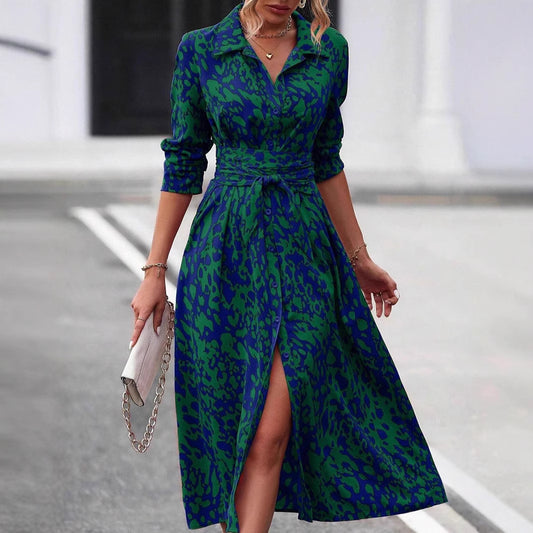 Woman wearing Floral Print Shirt Collar Maxi Dress in a sunny outdoor setting