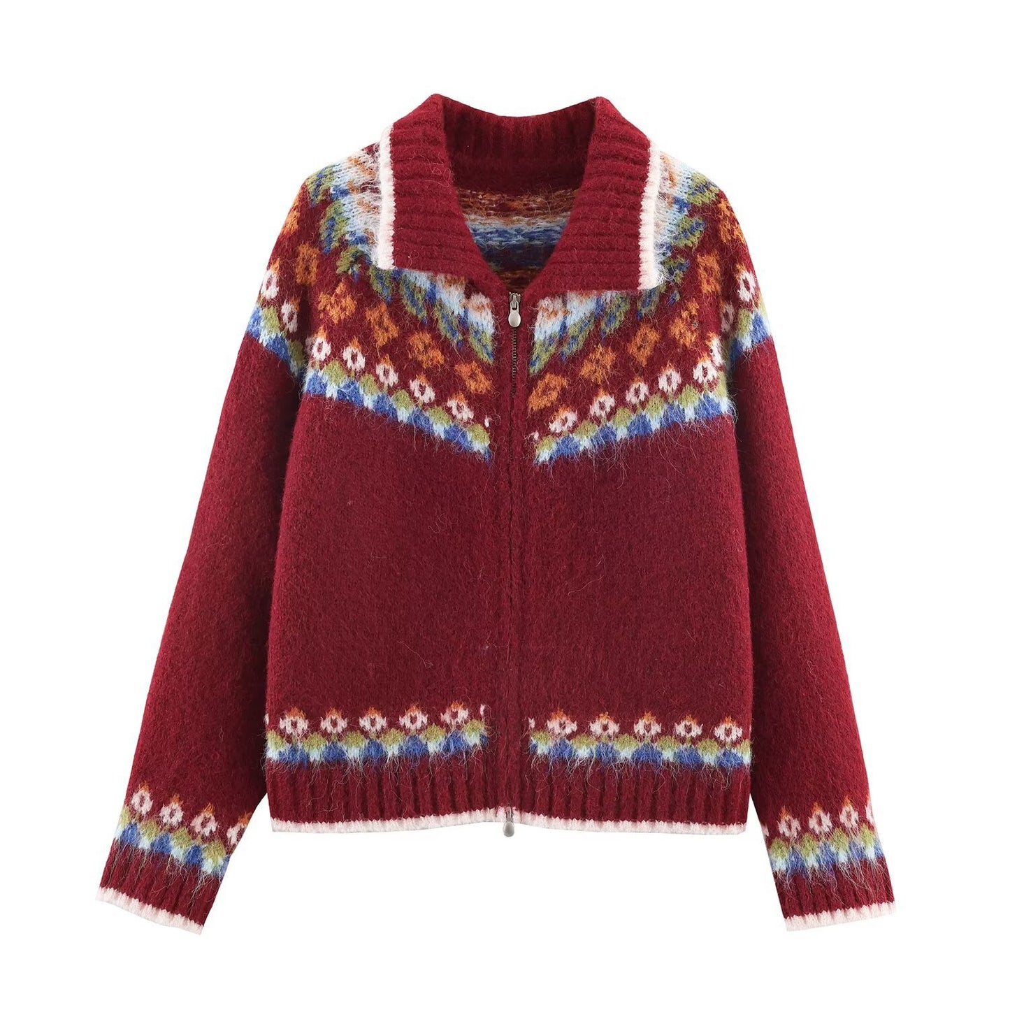 Woman wearing Jacquard Double Pull Knitted Cardigan Jacket in a casual setting