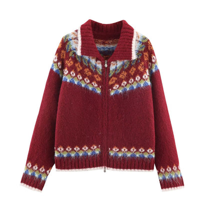 Woman wearing Jacquard Double Pull Knitted Cardigan Jacket in a casual setting