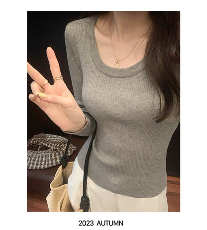 U Neck Long Sleeve Pullover Top | Tajstylo
