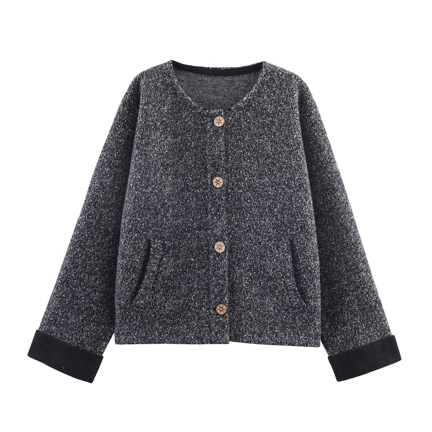Woman wearing Flower Yarn Cocoon Sweater Jacket in a cozy setting