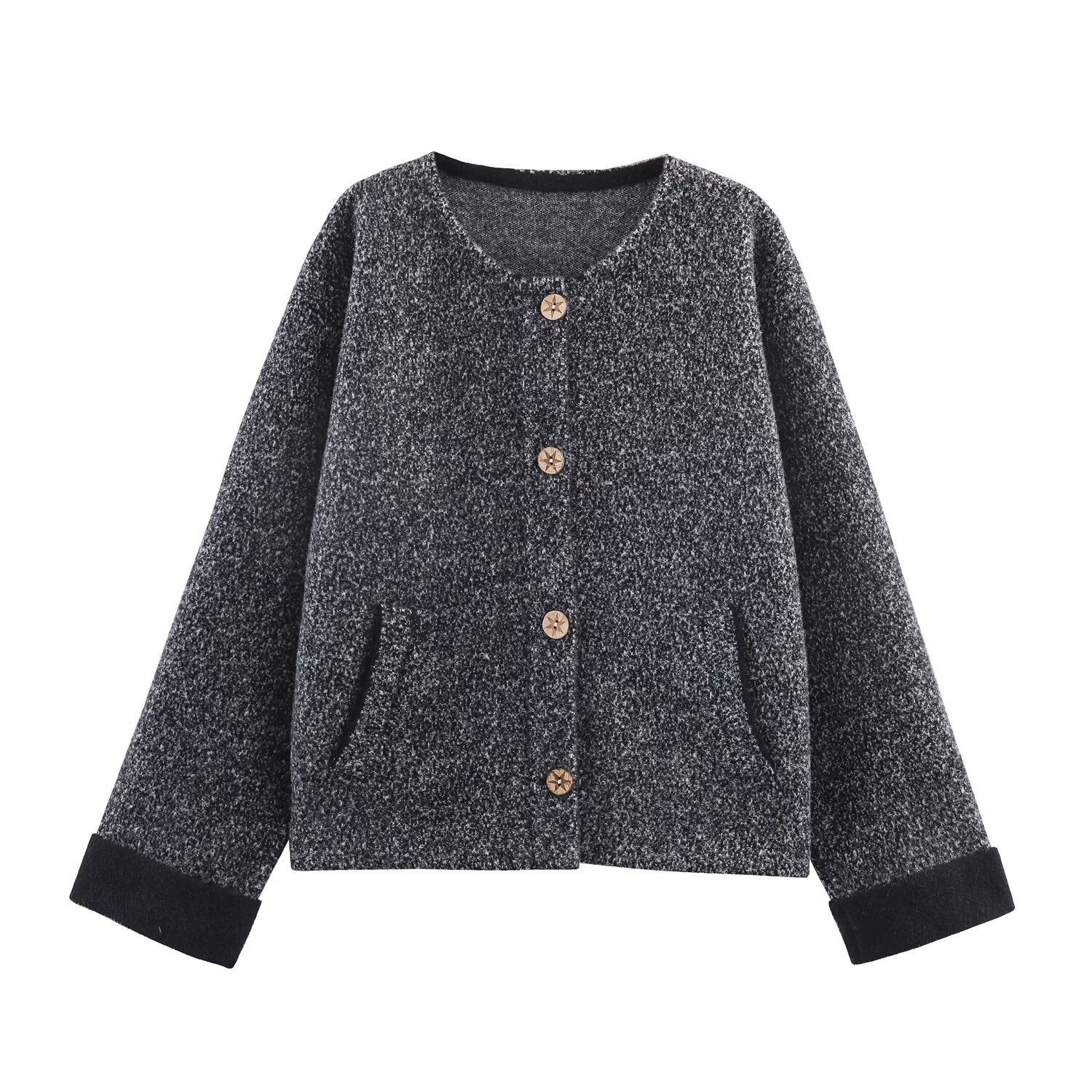 Woman wearing Flower Yarn Cocoon Sweater Jacket in a cozy setting