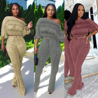 Flattering Two Piece Set with Crop Top and Flared Pants | Tajstylo