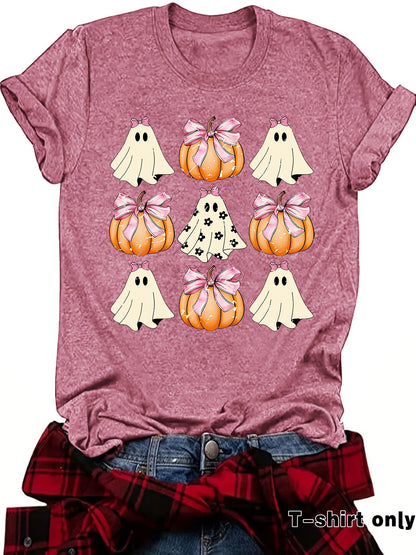 Woman wearing Funny Coquette Bow Pumpkin T-Shirt in a casual setting