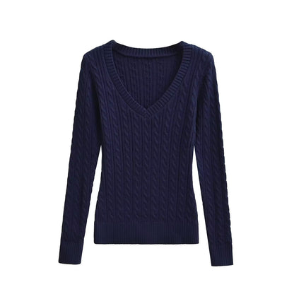 Woman wearing Slim Fit V-Neck Striped Sweater in a casual setting