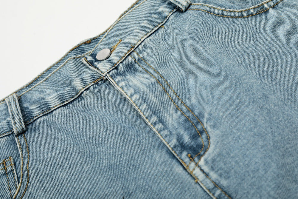 Five Pointed Star Embroidered Denim Cargo Pants | Tajstylo