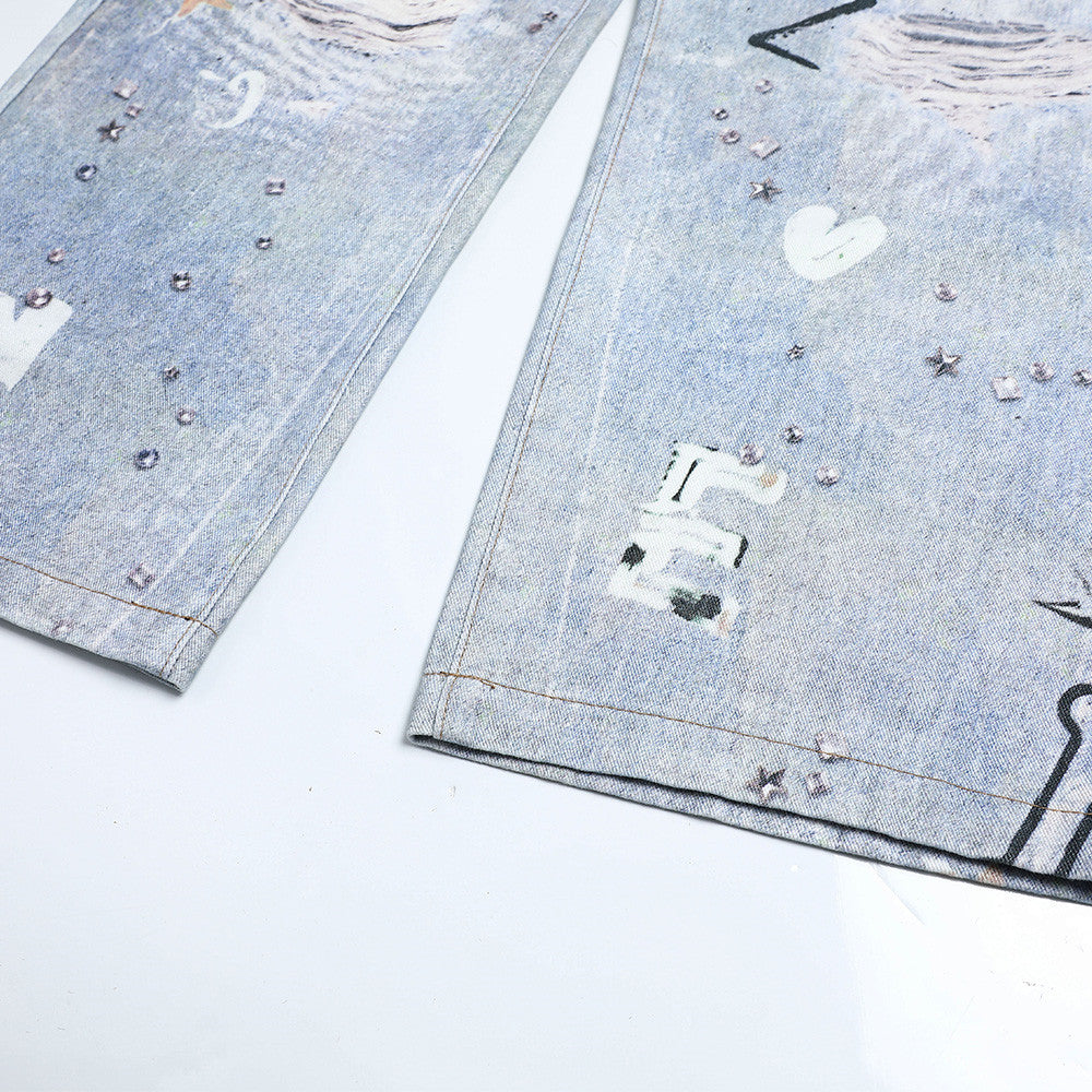 Fun Dog Cartoon Printed Denim Pants | Tajstylo
