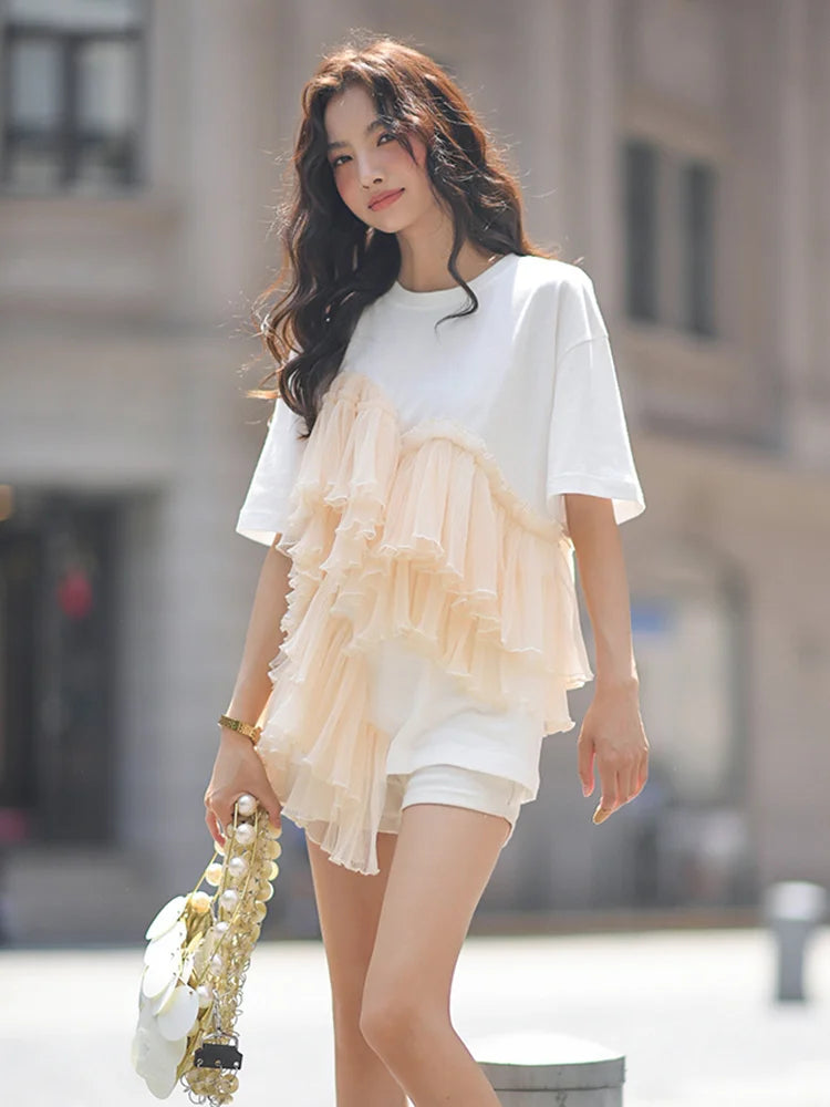 Cotton Mesh Patchwork Loose O Neck Short Sleeve T Shirt | Tajstylo
