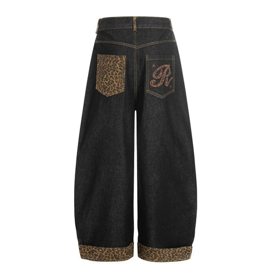 Woman wearing Patchwork Denim Loose Fit Straight Leg Jeans in an urban setting