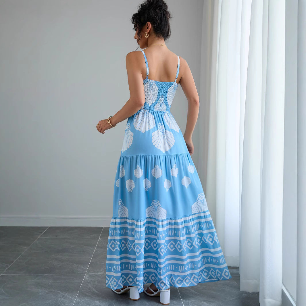 Woman wearing Ethnic Print Strapless A-Line Maxi Dress in a summer setting