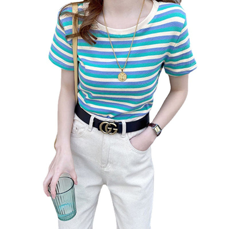 Woman wearing Women’s Stripe Short Sleeve Slim Fit Casual Top in a casual setting
