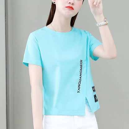 Woman wearing Chic Short Sleeve Slim Fit Top in a casual summer setting