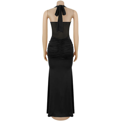 Sheer Mesh Halter Tie-Back Bodycon Dress | Tajstylo