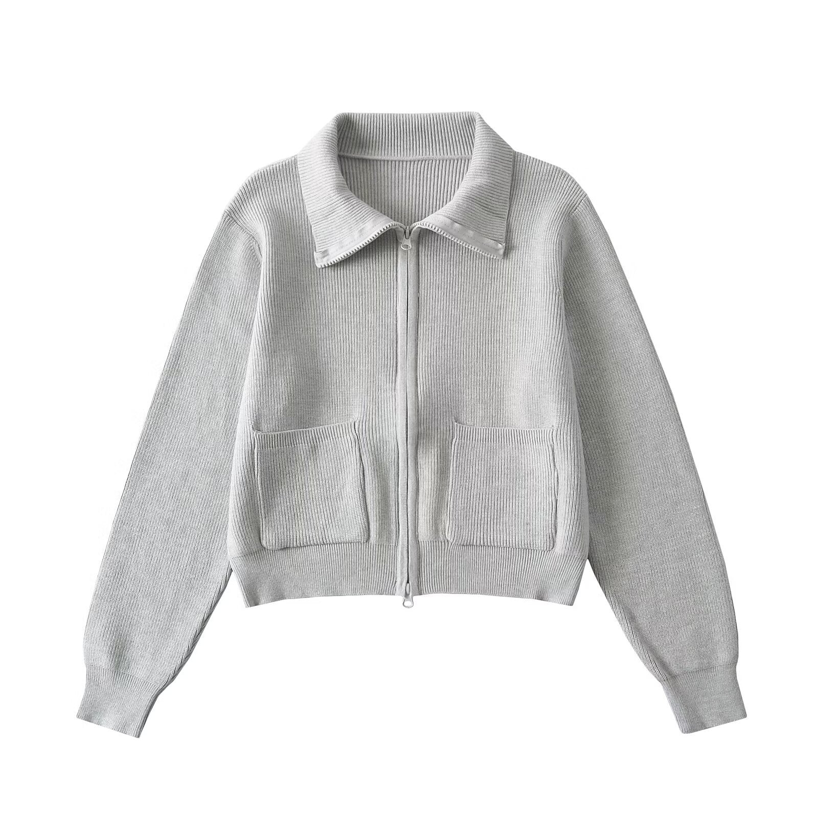 Woman wearing Zipper Lapel Long Sleeve Pocket Top in casual setting
