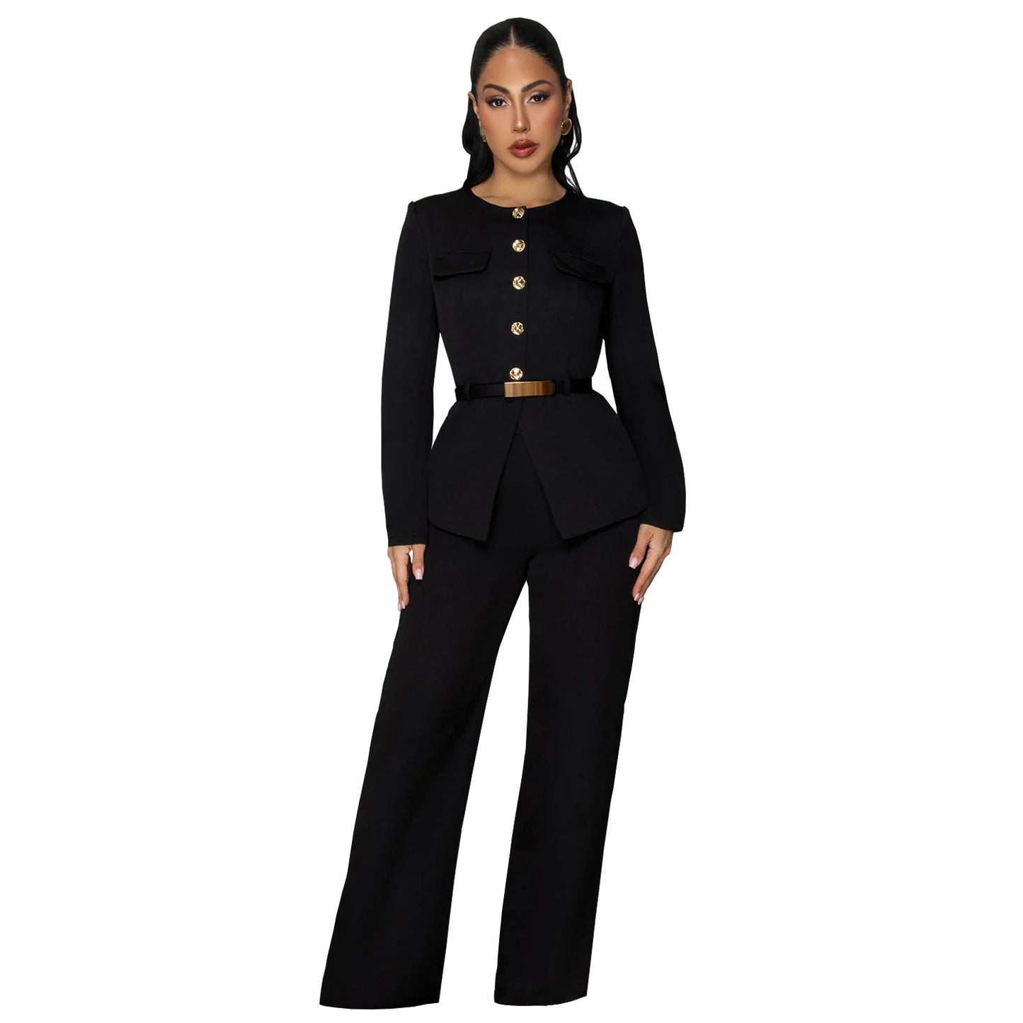 Slimming Belted Long Sleeve Top and Pants Set | Tajstylo