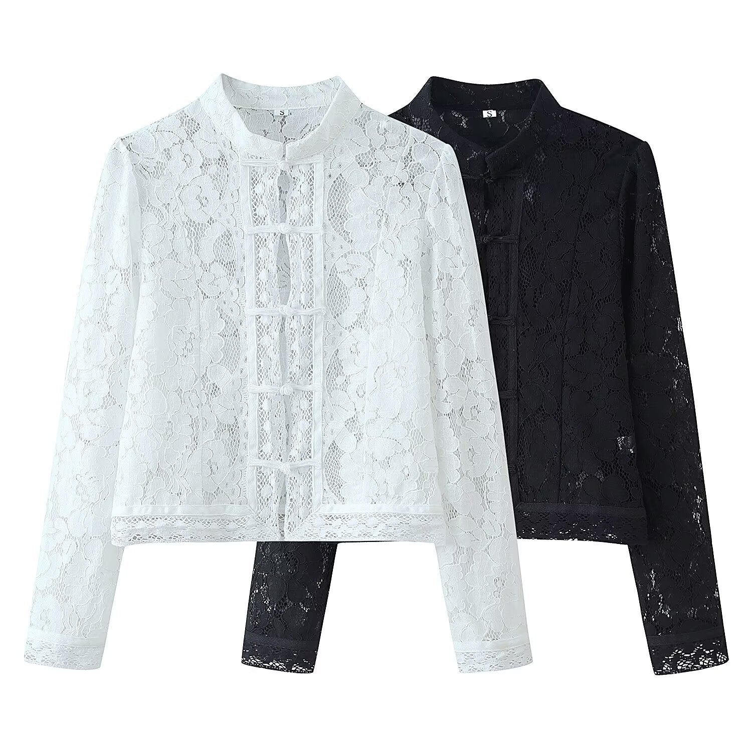 Woman wearing Buckle Embellished Lace Crochet Stand Collar Slim Fit Shirt in a stylish setting