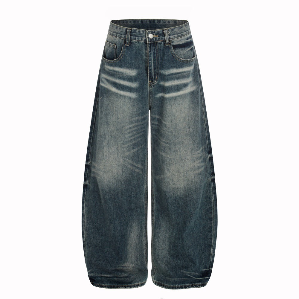 Woman wearing Loose Fit Distressed Blue Denim Jeans in a casual setting