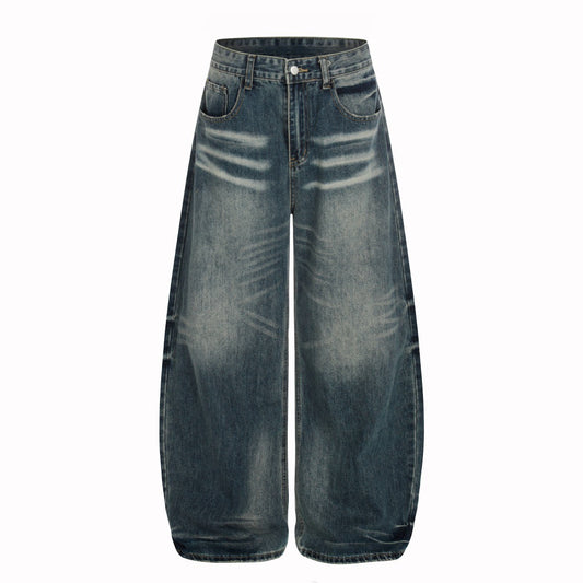 Woman wearing Loose Fit Distressed Blue Denim Jeans in a casual setting