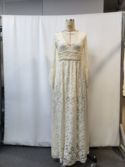 Apricot Lace Spliced High Waisted Casual Dress | Tajstylo