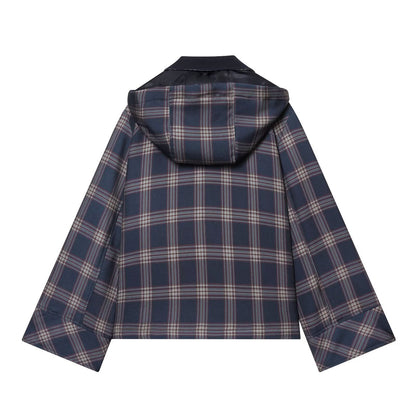 Woman wearing Checkered Hooded Cotton Jacket in a casual outdoor setting