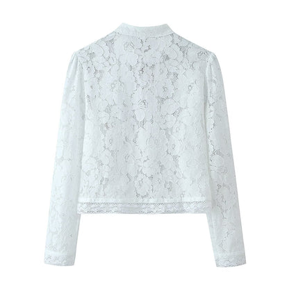 Woman wearing Buckle Embellished Lace Crochet Stand Collar Slim Fit Shirt in a stylish setting