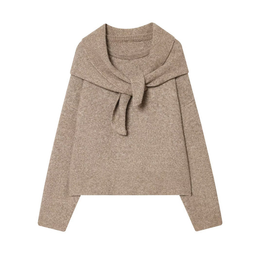 Woman wearing Loose Scarf Knitted Sweater in a casual setting