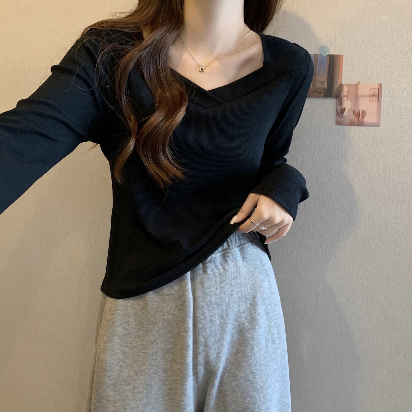 V Neck Long Sleeve Fleece Top | Tajstylo
