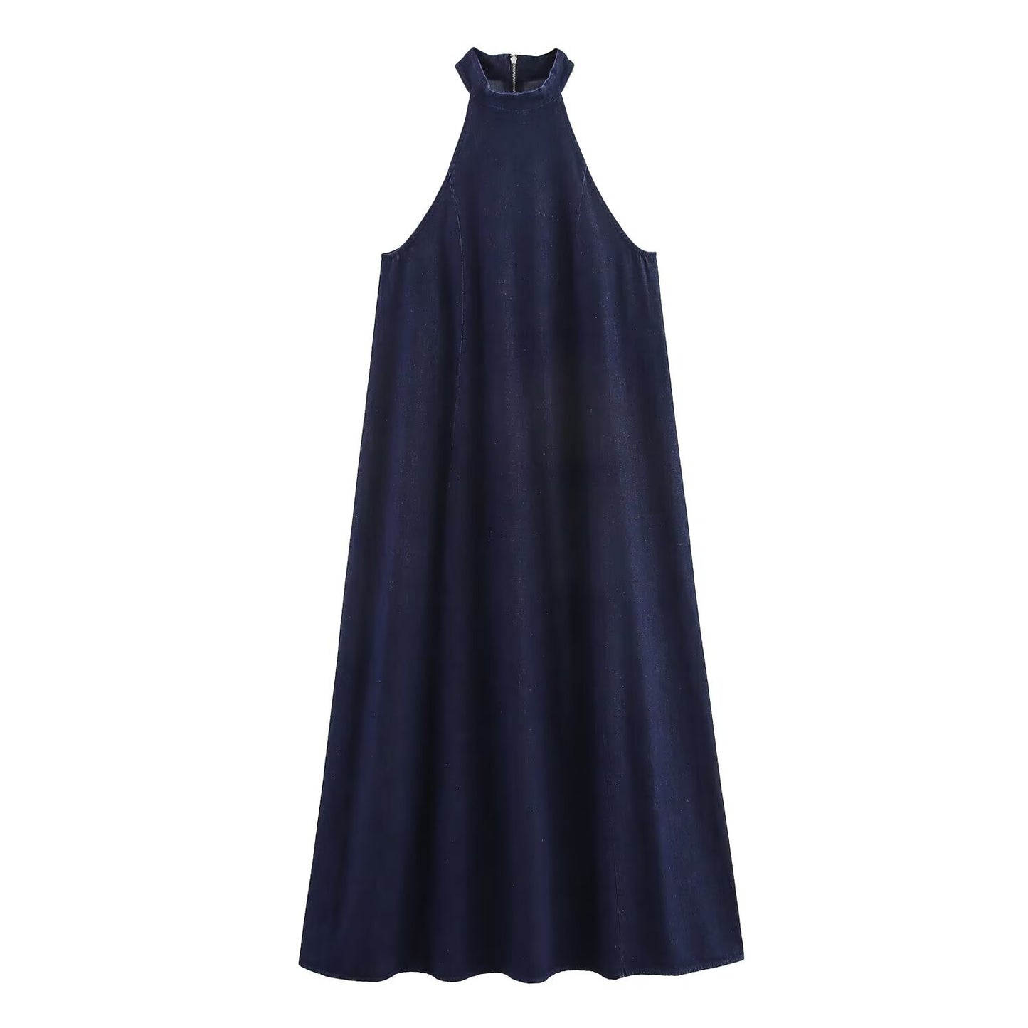 Woman wearing Halter Neck Denim Dress in a casual outdoor setting