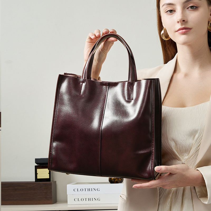 Women's Genuine Vegetable-Tanned Top-Grain Cowhide Leather Tote Handbag – Front View | TajStylo