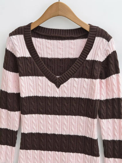 Slim Fit V-Neck Striped Sweater | Tajstylo