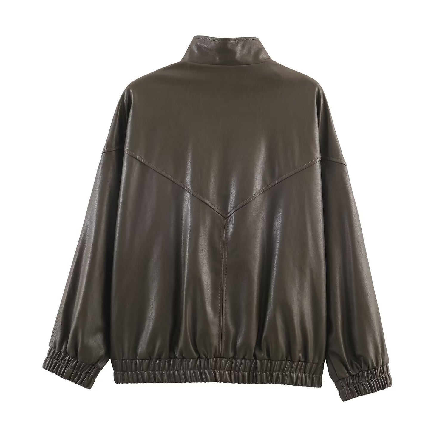 Woman wearing Faux Leather Stand Collar Pilot Jacket in a city setting