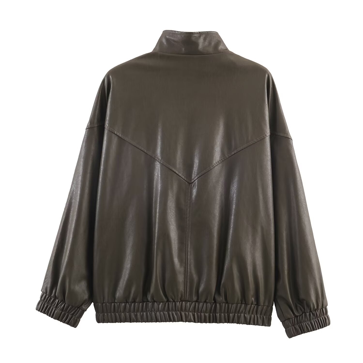 Woman wearing Faux Leather Stand Collar Pilot Jacket in a city setting