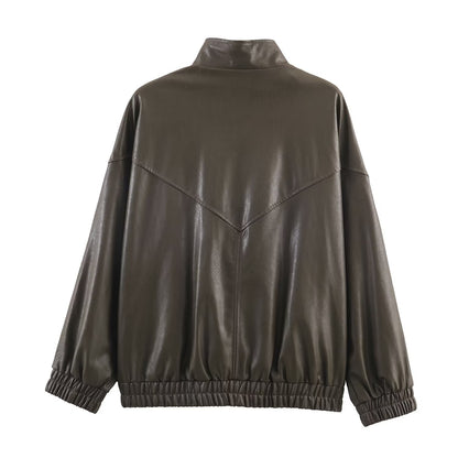 Woman wearing Faux Leather Stand Collar Pilot Jacket in a city setting