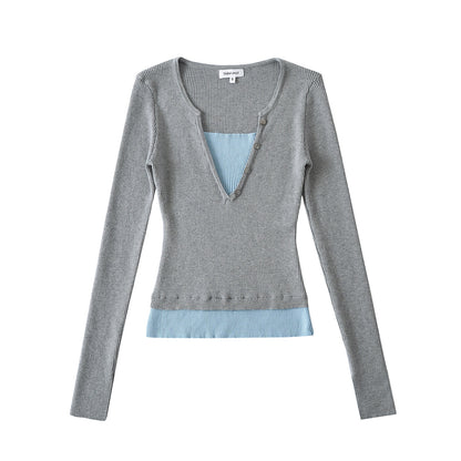 Woman wearing Color Block Boat Neck Long Sleeve T-Shirt in a casual office setting