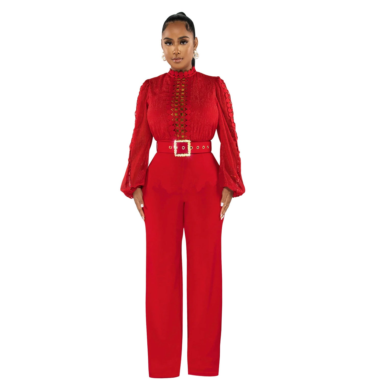 Woman wearing Belted Ruffle Cut-Out Full Length Jumpsuit in a stylish setting